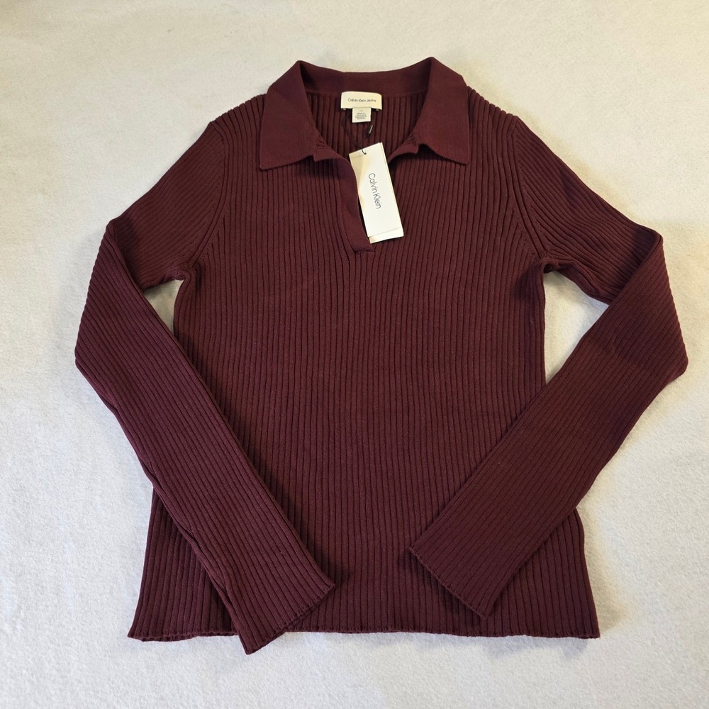 Calvin Klein Jeans Mens Ribbed Long Sleeve Polo Sweater Burgundy Large 40WL325